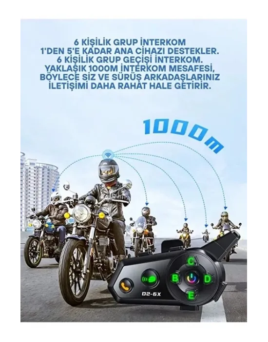D2-6x 1000m Mesafeli 6 Kanallı İntercom Bluetooth Motosiklet Kask Kulaklığı İntercom Kulaklık
