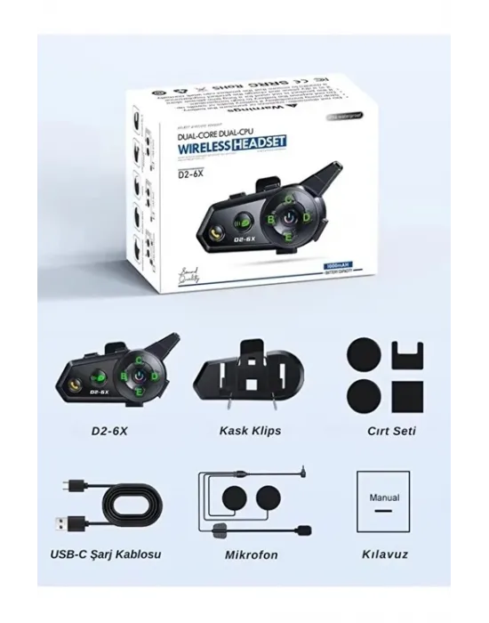D2-6x 1000m Mesafeli 6 Kanallı İntercom Bluetooth Motosiklet Kask Kulaklığı İntercom Kulaklık