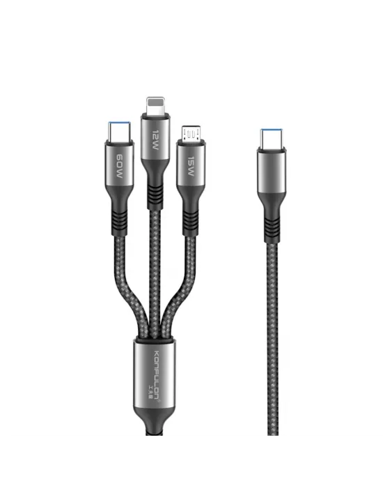 Dc62 3in1 Type-c To 60w Type-c / 12w Lightning / 15w Micro 1.2m Hızlı Şarj Kablo - Siyah