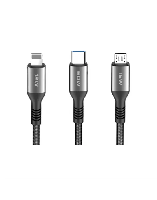 Dc62 3in1 Type-c To 60w Type-c / 12w Lightning / 15w Micro 1.2m Hızlı Şarj Kablo - Siyah