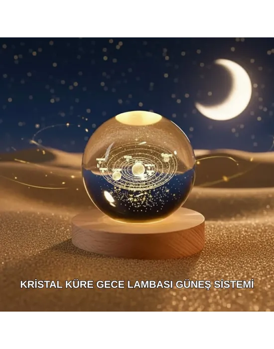 Dekoratif Led Kristal Küre Ahşap Altlıklı Şık Gece Lambası