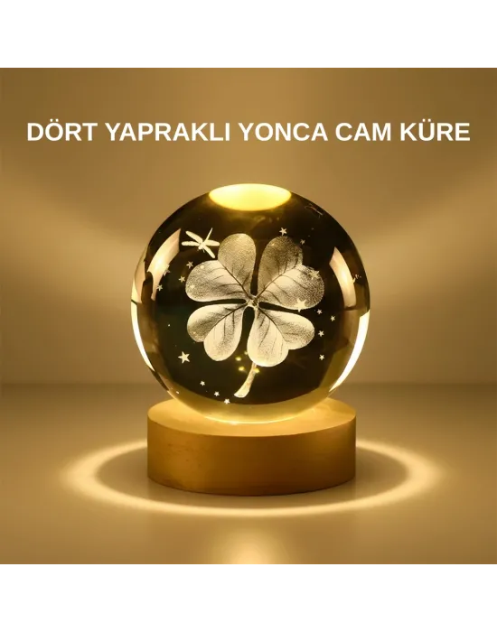 Dekoratif Yonca Görünümlü Işıklı Kristal Cam Küre Usb Masa Gece Lambası