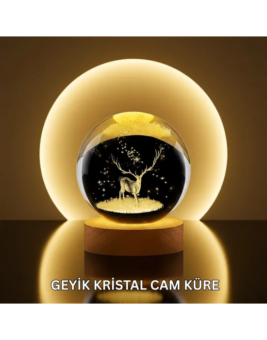Doğal Ahşap Standlı Geyik Figürlü Kristal Küre Led Dekoratif Lamba