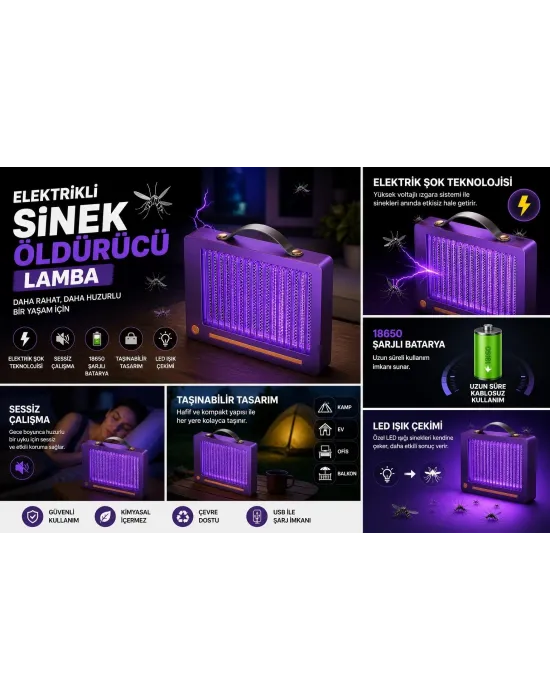 Elektrikli Sinek Öldürücü Lamba | Şarjlı, Sessiz, Led Işıklı Etkili Koruma