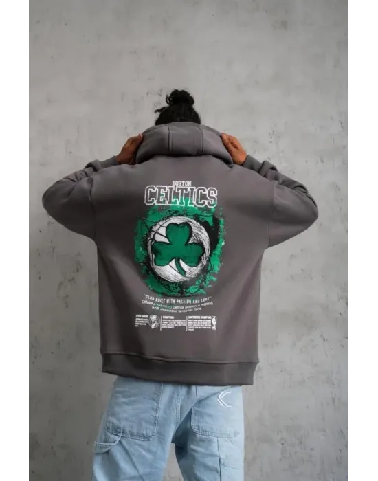 Erkek Baskılı Kapüşonlu Ve Kordon İpli Sweat - Gri