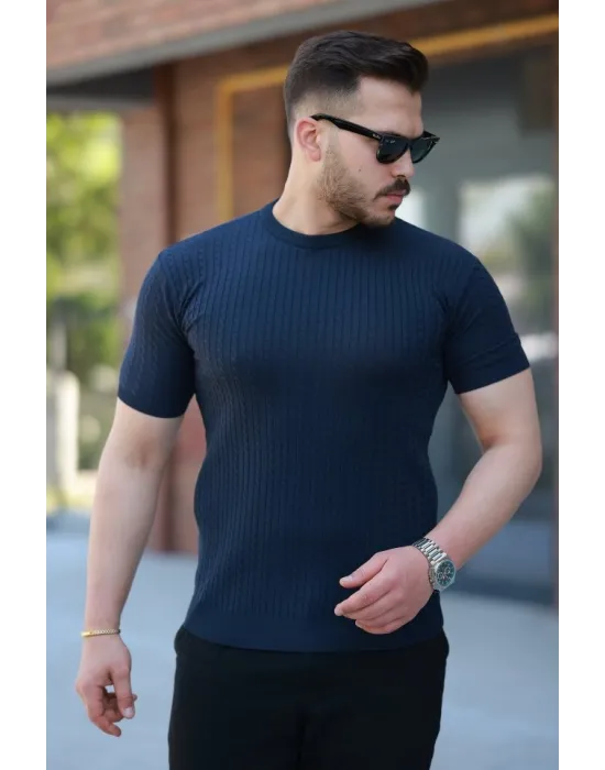 Erkek Bisiklet Yaka örgü Desenli Kısa örme Triko Kısa Kollu T-shirt
