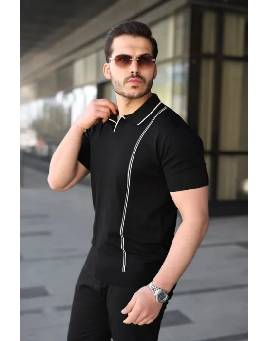 Erkek Çizgi Detaylı Yakalı Triko Tişört