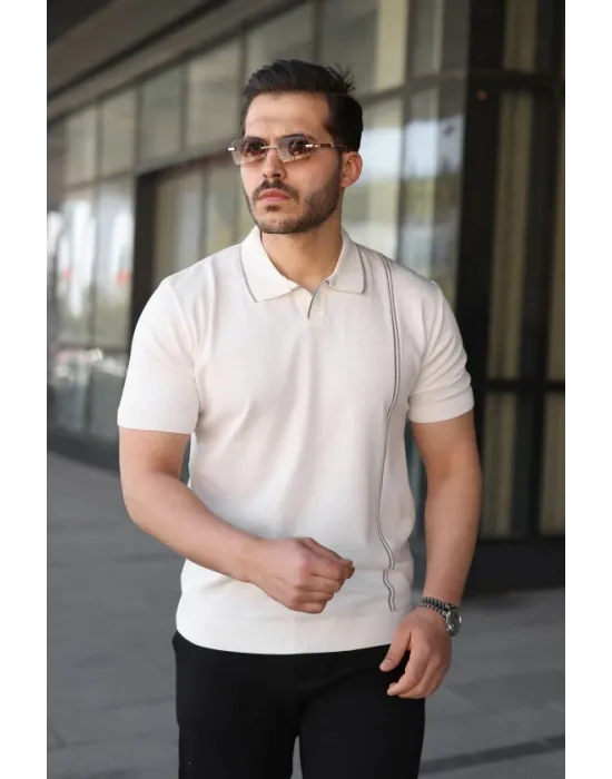 Erkek Çizgi Detaylı Yakalı Triko Tişört