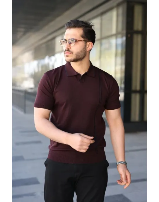 Erkek Çizgi Detaylı Yakalı Triko Tişört