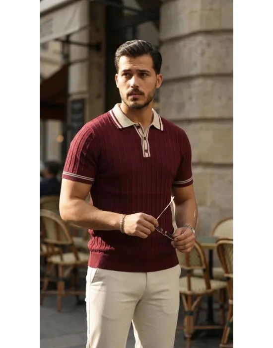 Erkek Düğme Yakalı Kontrast Yaka Triko Tişört