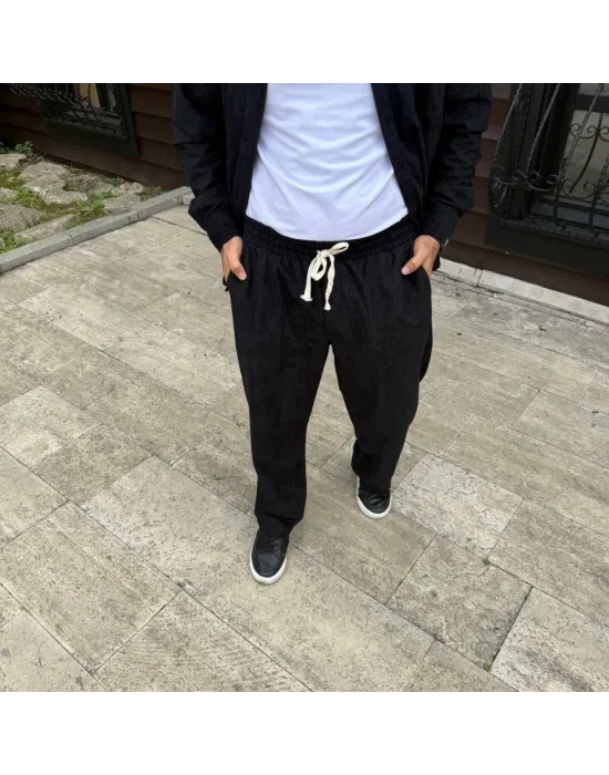 Erkek Fitilli Kadife Cepli Buggy Pantolon Oversize Rahat Kalıp - Siyah