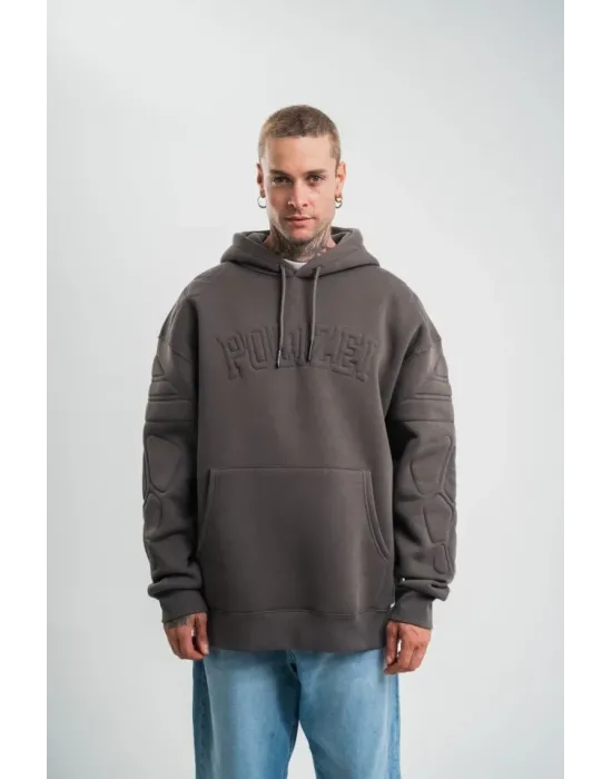 Erkek Nakış İşlemeli Kapşonlu Antrasit Sweatshirt Üç İplik Double Oversize- Füme