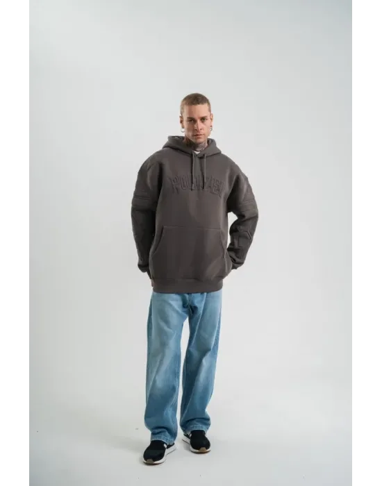 Erkek Nakış İşlemeli Kapşonlu Antrasit Sweatshirt Üç İplik Double Oversize- Füme