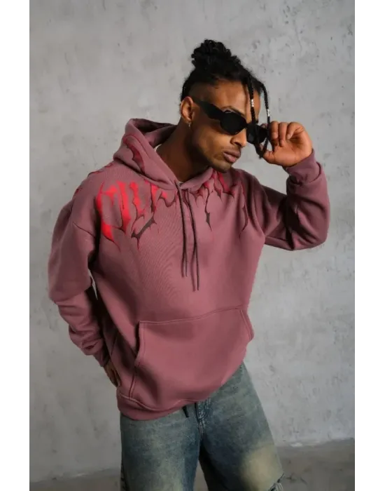 Erkek Ön Ve Arka Baskılı Kapüşonlu 3 İplik Sweatshirt - Gül Kurusu