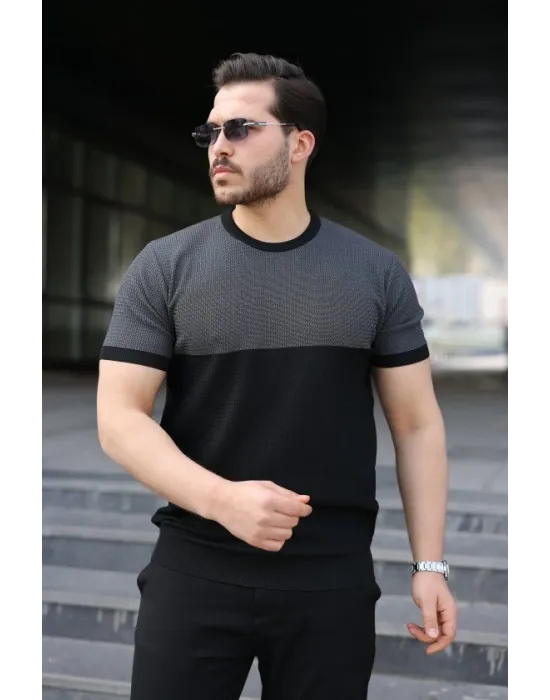 Erkek Renk Bloklu Bisiklet Yaka Kısa Kollu Triko Tişört
