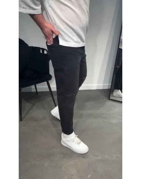 Erkek Siyah Dizi Yırtık Boyfriend Jean