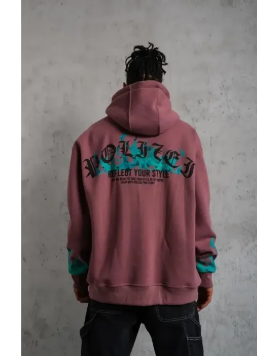 Erkek Üç İplik Içi Pamuklu Alev Baskılı Kapüşonlu Sweatshirt - Gül Kurusu