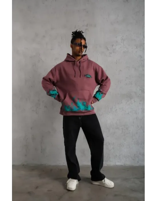Erkek Üç İplik Içi Pamuklu Alev Baskılı Kapüşonlu Sweatshirt - Gül Kurusu
