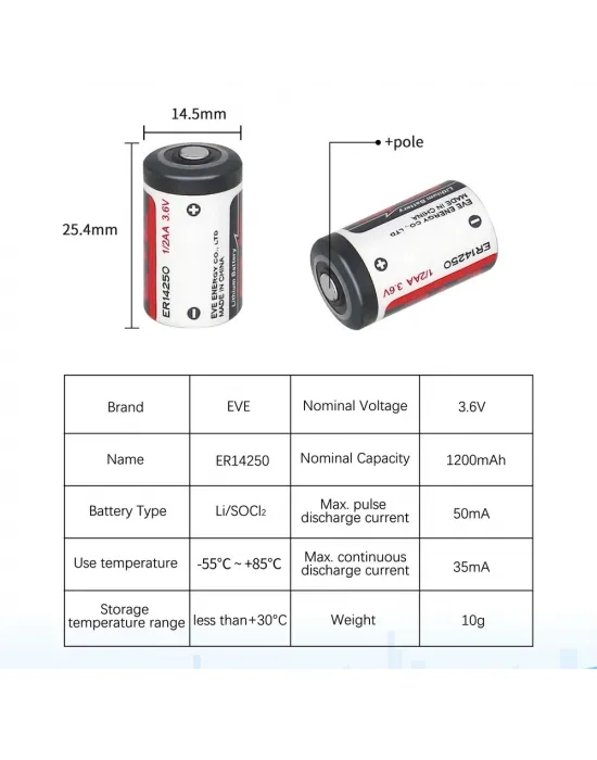 Eve Er14250 1/2aa Size 3.6v 1200 Mah Şarjsız Li-socl2 Lithium Pil