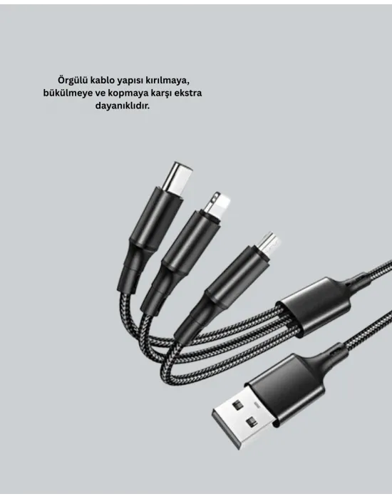 Evrensel 3 Başlıklı Şarj Kablosu – İphone Huawei Samsung İçin