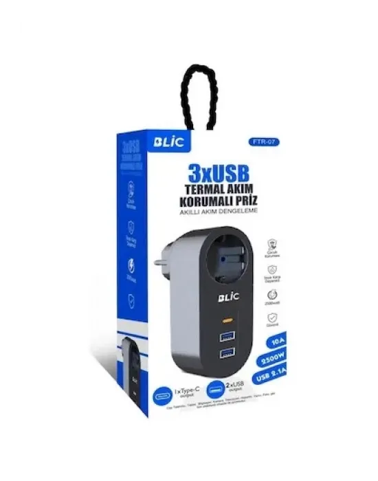 Ftr-07 2xusb 1xtypec Termal Akım Korumalı Isıya Dayanıklı Tekli Priz