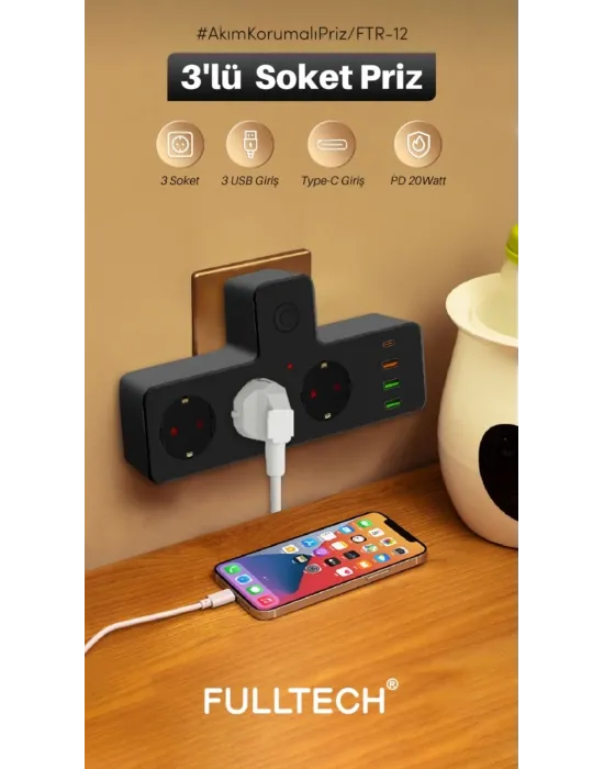 Ftr-12 Termal Akım Korumalı Isıya Dayanıklı 3’lü Priz 3x Usb 1x Type-c