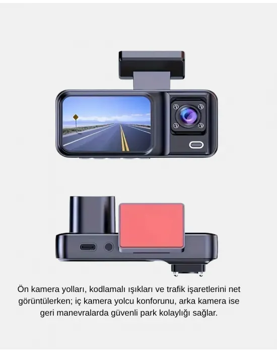 Full Hd Üç Kameralı Araç Kamerası G-sensörlü Ve Gece Görüşlü