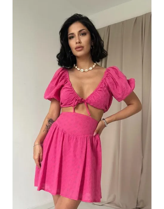 Fuşya Brode Crop Ve Mini Etek Takım