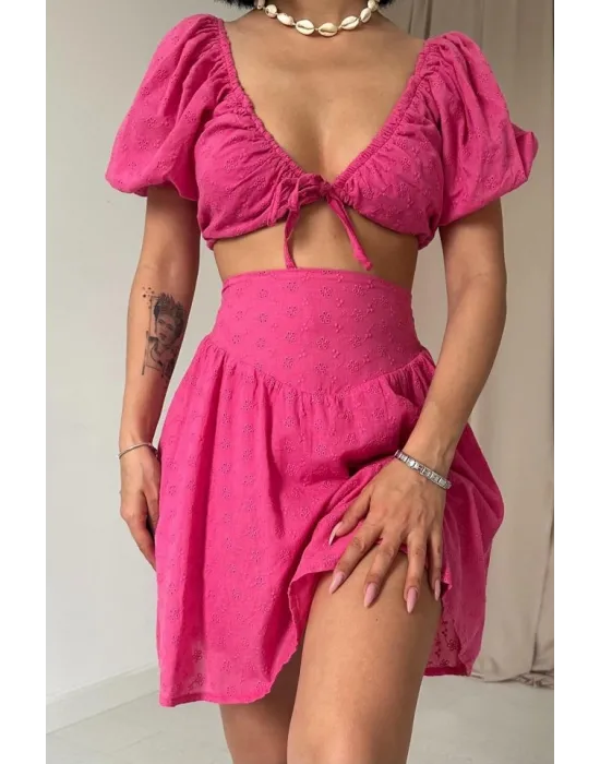 Fuşya Brode Crop Ve Mini Etek Takım