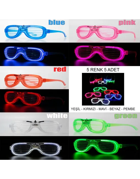 Glow Model Led Işıklı Parti Gözlüğü 3 Modlu 5 Renk 5 Adet