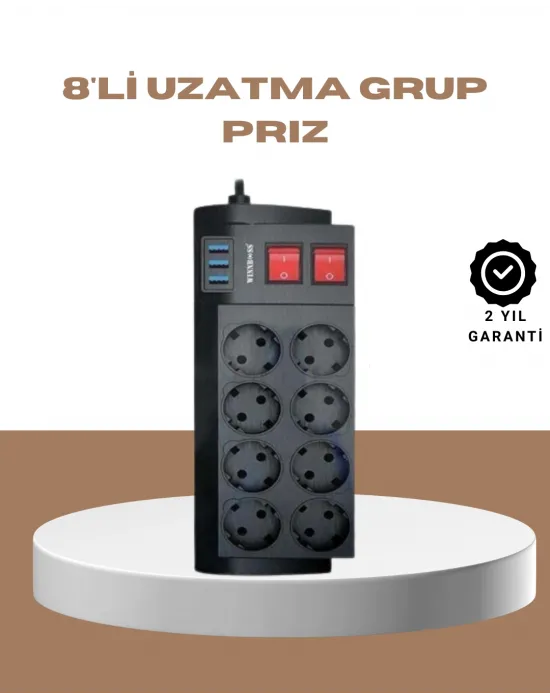 Güçlü Termal Korumalı 8 Priz + 3 Usb Çoklu Uzatma Kablosu 2m