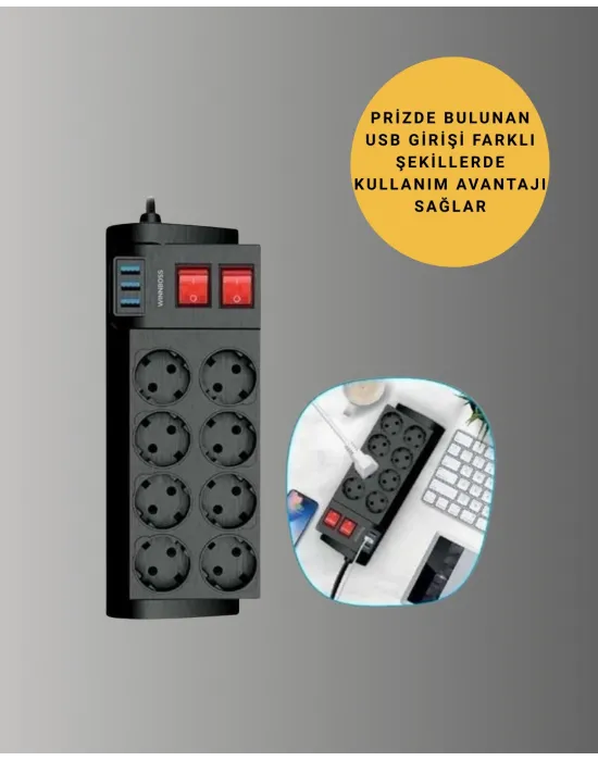 Güçlü Termal Korumalı 8 Priz + 3 Usb Çoklu Uzatma Kablosu 2m
