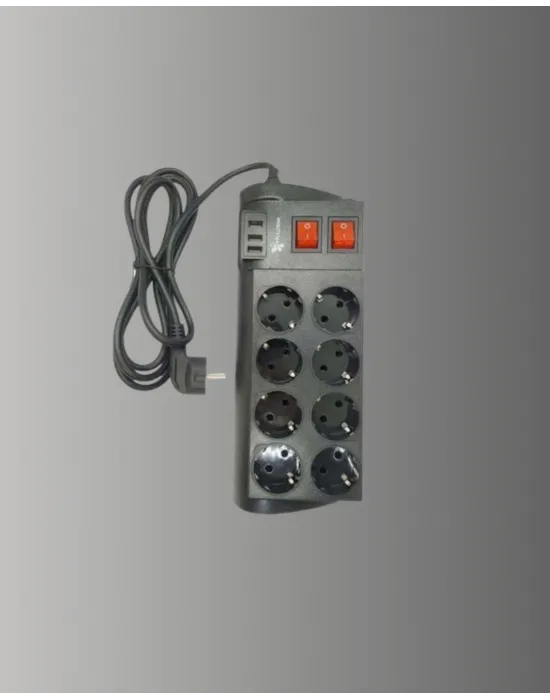 Güçlü Termal Korumalı 8 Priz + 3 Usb Çoklu Uzatma Kablosu 2m