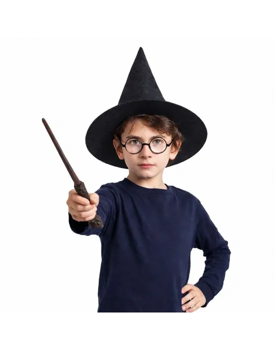 Harry Potter Tarzı Çocuk Seti (siyah Keçe Şapka, Asa, Gözlük)