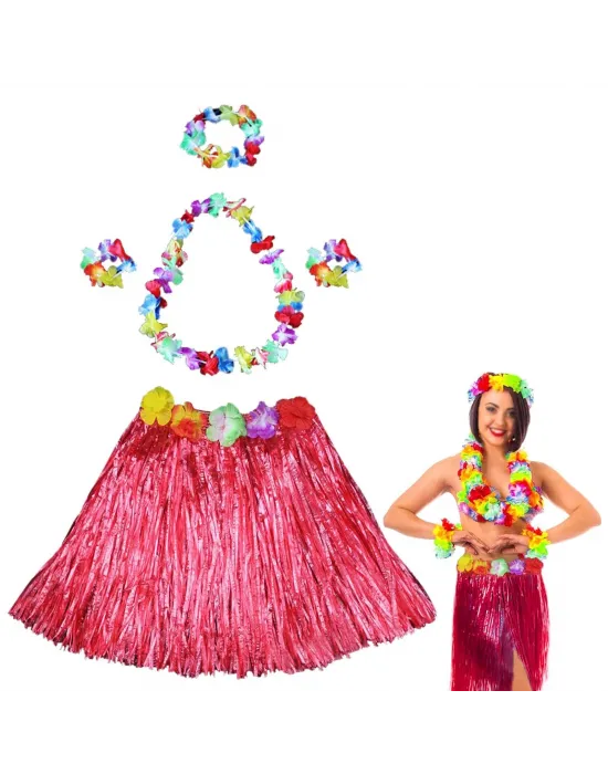 Hawaii Dans Kostümü – Kırmızı Hula Etek  Çiçek Kolye Seti