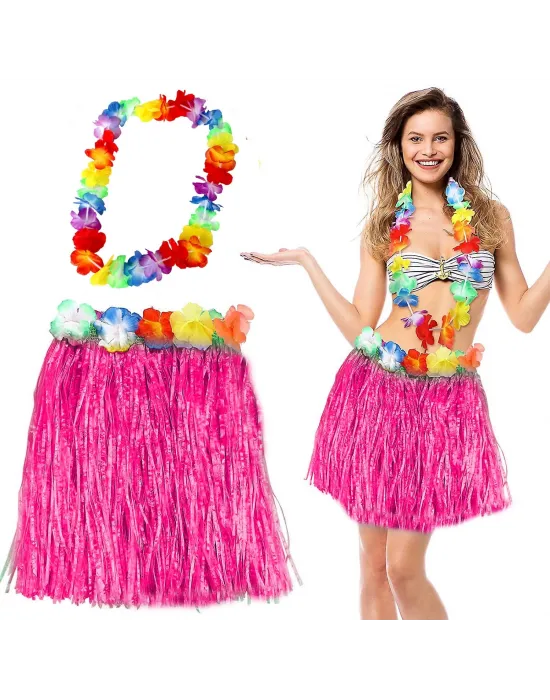 Hawaii Luau Aloha Pembe Püsküllü 40 Cm Etek Ve Hawaii Kolye Seti