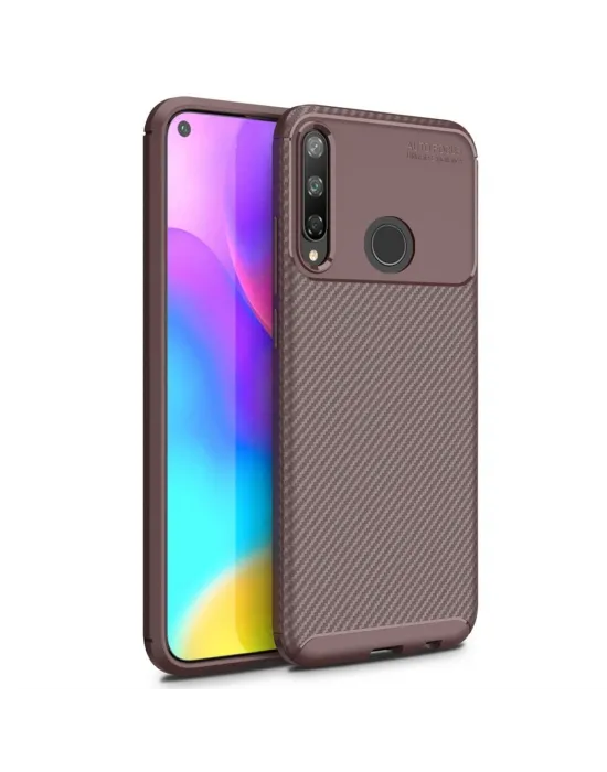 Huawei P40 Lite E Kılıf Auto Focus Karbon Kapak - Kahverengi