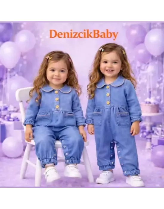 3-12 Ay Düğme Detaylı Kot Bebek Tulumu