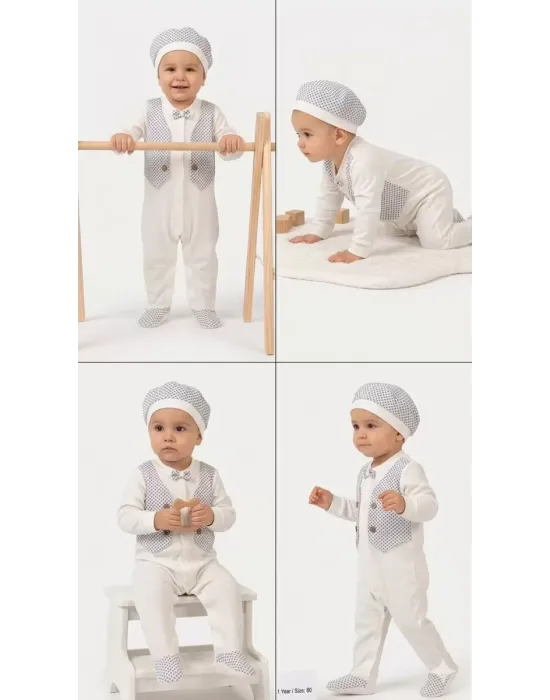 3/12 Ay Şapkalı Sahte Yelekli Bebek Tulumu