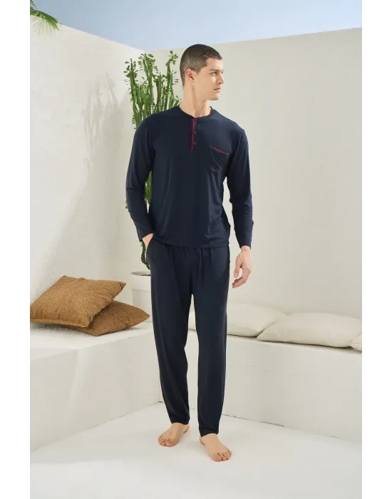 ieg™  9220 Erkek Midi Yaka Uzun Kol Pijama Takım