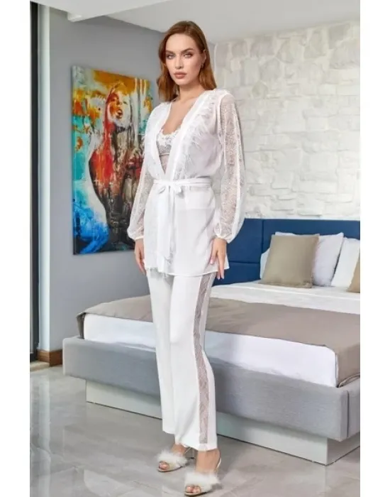 ieg™ Aqua 24584 Dantel Detay Sabahlıklı 3lü Pijama Takımı