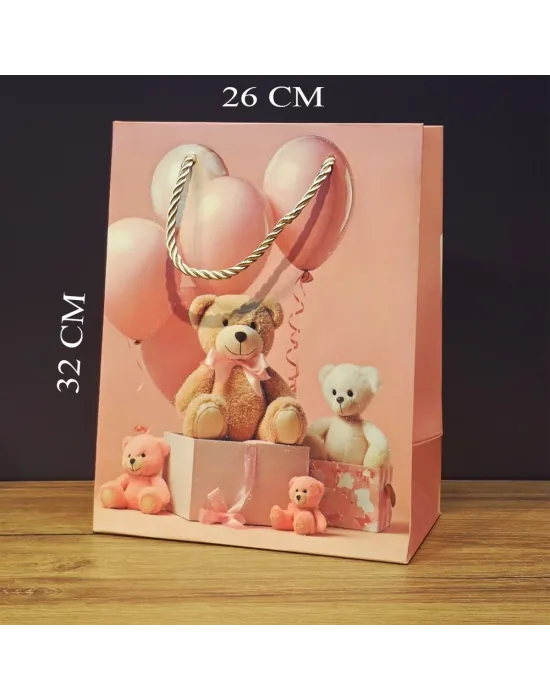 Ayıcık Desenli Pembe Büyük Boy Karton Hediye Çantası