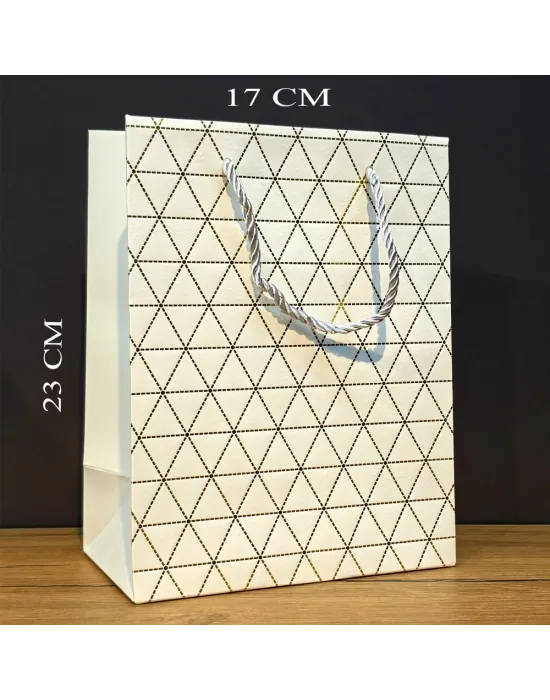 Beyaz Geometrik Desenli Orta Boy Karton Hediye Çantası