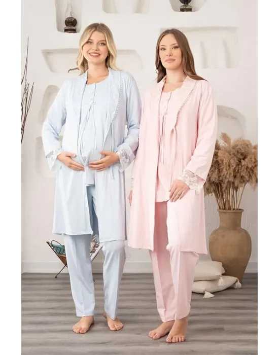 ieg™ Bone 5905 Kadın Lohusa Viskon Klasik 3Lü Pijama Takımı
