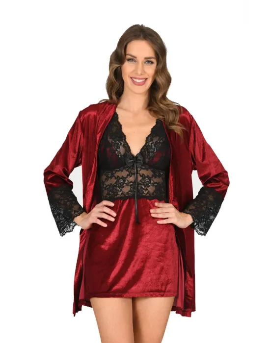 ieg™ Bordo Kadife Sabahlık & Gecelik Takım 2 Li - 1445