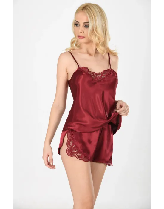 ieg™ Bordo Saten Babydoll Şortlu Takım - 281