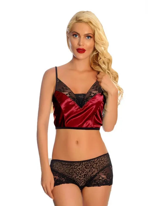 ieg™ Bordo Saten Dantelli Babydoll Şortlu Takım - 288