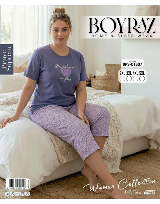 ieg™ Boyraz BPS-01807  Kadın Battal Kısa Kol Kapri Takım