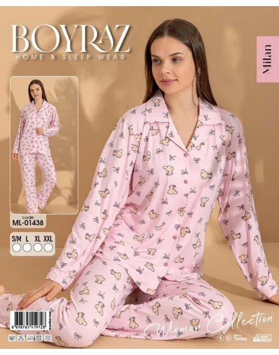 ieg™ Boyraz ML-01438 Kadın Uzun Kol Boydan Düğmeli Pijama Takımı