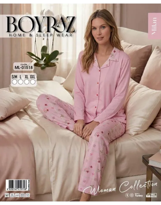 ieg™ Boyraz ML-01518 Kadın Uzun Kol Boydan Düğmeli Pijama Takımı